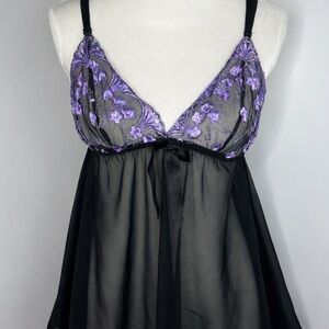 Sheer Black Babydoll Lingerie Purple Floral Embroidered Mesh Chemise Size M